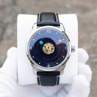 Montre automatique de luxe personnalisée OEM avec cadran équilibré à l'axe central, motif étoiles et planètes, pierres précieuses et aventurine, mouvement mécanique