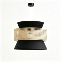 Luminaire suspendu moderne en tissu de rotin, abat-jour en tissu noir avec ceinture en rotin tressé, lampe suspendue pour salle à manger, salon