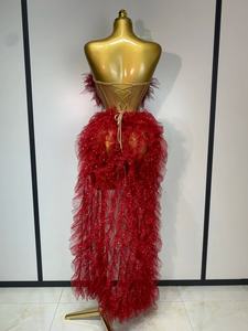 Conjunto de 2 piezas para mujer, vestido largo ajustado sin tirantes con volantes, abertura alta, para discoteca, fiesta, cumpleaños, actuación en escenario - Product Image 4