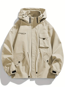 Chaqueta Casual Ligera con Capucha Desmontable para Hombre, Color Beige, Poliéster, Lavable a Máquina - Cierre de Cremallera - Product Image 2