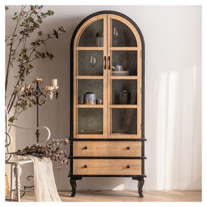 Armoire de rangement en bois à 4 étagères et 2 tiroirs, style rustique, porte vitrée cintrée, écologique, salon, hôtel - Product Image 2