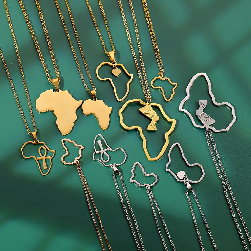 Stainless Steel Silver 18K Gold Plated Africa Map Outline Pendant Necklace for Men and Women African Necklace Earrings Set