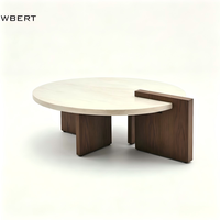 Table basse WBERT moderne Wabi Sabi en travertin naturel avec base en bois de chêne, table centrale ronde en marbre, meubles de salon