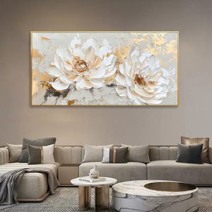 Trừu tượng hoa trắng 3D kết cấu sơn dầu vải Boho tối giản màu be nghệ thuật phòng khách tường tùy chỉnh bông vàng nâu - Product Image 4