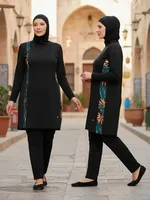 Ensemble 3 pièces style fin et sportif, maillot de bain musulman Burkini pour femme, tenue de bain modeste avec haut hijab et pantalon (sans soutien-gorge intégré) à motif floral