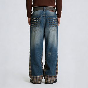 Pantalones <span class=keywords><strong>Vaqueros</strong></span> de Algodón Rotos <span class=keywords><strong>para</strong></span> <span class=keywords><strong>Hombre</strong></span> al por Mayor <span class=keywords><strong>con</strong></span> Remaches y Paneles a Cuadros, Pierna Ancha, Estilo Urbano Y2K, Suministro Directo de Fábrica - Product Image 2