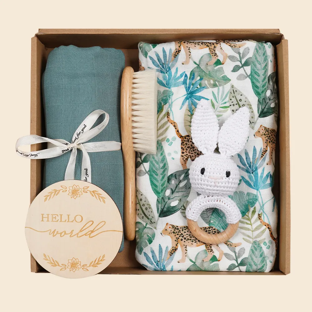 Kangobaby DIY-Coffret cadeau unique pour nouveau-né Tolddle Shower en bois souvenir mousseline bavoirs pour bébé chaussettes hochet pour bébé fille garçons coffret cadeau