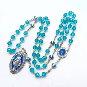 Rosario de la Virgen María Azul, Plata, Cuentas de Cristal de 8mm, Collar de Protección, Centro Milagroso, Rosarios Católicos - Product Image 2