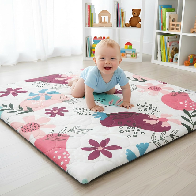 Factory Supply Cotton Floral Printed High Quality Quilted Baby Mat Cover Washable Removable Thick Soft Foam Mat Baby Play Mat