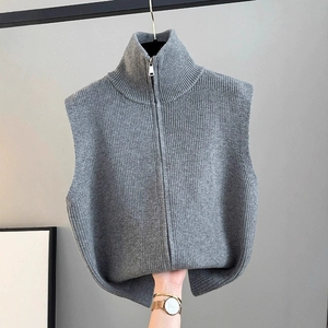 Gilet Minimalista con Zip <span class=keywords><strong>Senza</strong></span> <span class=keywords><strong>Maniche</strong></span> a Collo Alto in Poliestere Lavorato a <span class=keywords><strong>Maglia</strong></span> per Donna Autunno 2025 Maglione Tinta Unita - Product Image 4
