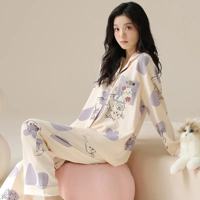 women's sleepwear long-sleeved 100%cotton pajama high-end lounge wear homewear