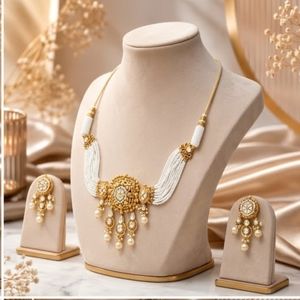Classic 24K Gold Pearl Necklace <b>Set</b> With Matching Earrings Geometric Design <b>Bridal</b> <b>Jewelry</b> For Women - Product Image 2