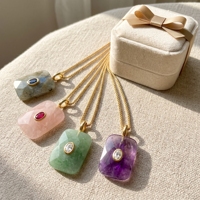 Pendentif rectangulaire en pierre naturelle avec incrustation de zircone ovale, grille à facettes, attache dorée, breloque multicolore en pierres précieuses pour la fabrication de bijoux et cadeaux