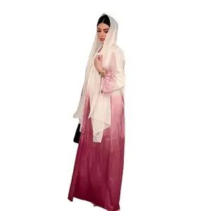 迪拜阿联酋阿拉伯女性新款时尚羽毛袖口自由尺寸柔软感缎子办公室每日ombre abaya套装