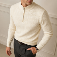 Pull en maille côtelée ivoire pour homme, col montant, manches longues, poignets et ourlet côtelés, hiver, fabrication OEM ODM sur mesure, vente en gros