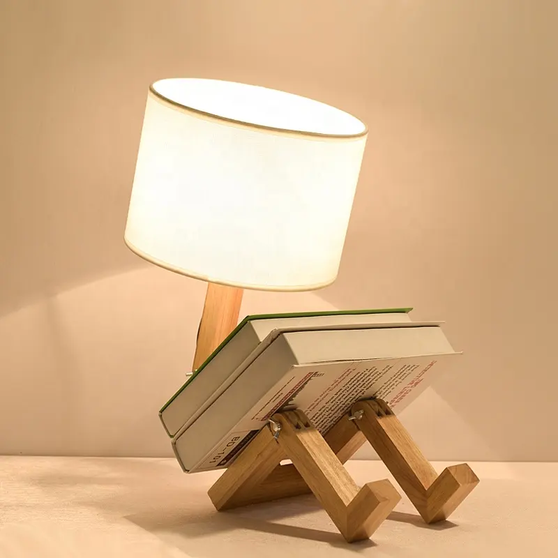 Luminária de mesa de leitura estilo popular, para estudo, design em forma de robô, lâmpadas de cabeceira, decoração da casa, lâmpada de mesa de madeira para quarto