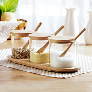 Sale <span class=keywords><strong>pepe</strong></span> condimento condimenti portabottiglie <span class=keywords><strong>villaggio</strong></span> cucina vetro vasetti di spezie con coperchio di bambù Set - Product Image 2