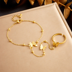 Butterfly Chain Gold Plated Stainless Steel <b>Bracelet</b> And Open Ring <b>Set</b> For Women Gift Jewelry - Product Image 1