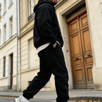 Setelan Training Kasual Musim Dingin Bahan Fleece Tebal Polos Warna Hitam, Hoodie dan Celana Panjang, Model Cut Out dari Produsen
