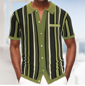 Camisa <span class=keywords><strong>Polo</strong></span> de Punto a Rayas Transpirable de Verano para Hombre, Camisas de Punto Informales de Manga Corta con Botones y Bolsillo - Product Image 2