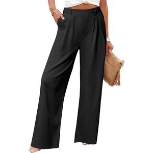 Womens Casual High Waisted <b>Wide</b> <b>Leg</b> Pants <b>Linen</b> Feel Palazzo <b>Trousers</b> With Pockets <b>Black</b> Breathable Fabric Crepe - Product Image 1