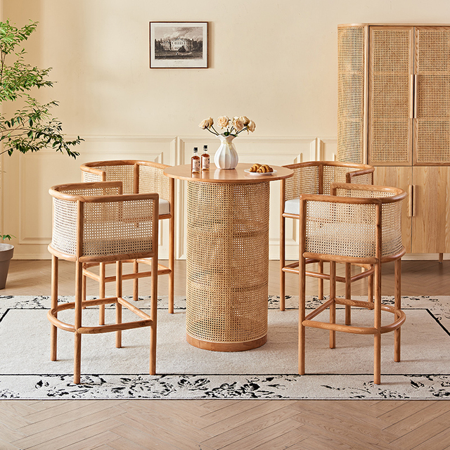 Nordic Solid Wood Rattan Cane Woven Room Coffee Side Table Modern Boho Pedestal Base Round Dining Table for Home Kitchen Living