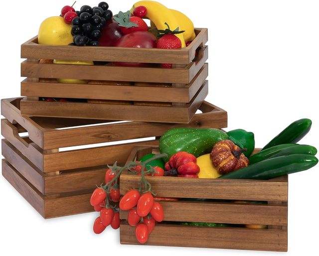 Custom Handmade Vintage Decorative Stackable Large Natural Acacia Wooden Crates Basket Set for Toys Fruits Shelving Home Decor