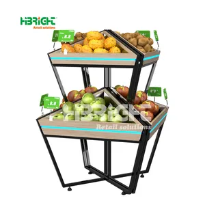 Easy Movement Inner Light Strip Fruit Display Stand Supermarket Wooden Vegetable Rack With Casters