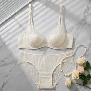 Conjunto de Lencería de Encaje Floral Blanco al por Mayor, Tallas Grandes, Sujetador con Aros Cómodo y Bragas de Cintura Media, Conjunto de 2 Piezas, Lencería Elegante - Product Image 2