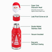 Bouteille d'eau isotherme anti-fuite de 450 ml pour cadeau d'affaires de Noël, tête de Père Noël en silicone détachable, rouge, double paroi sous vide en acier inoxydable