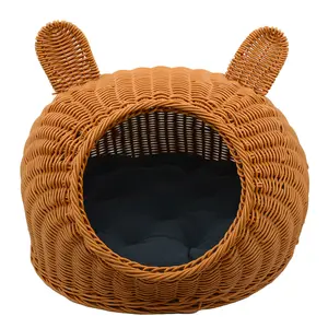 Barattoli di plastica per animali domestici vimini per interni in Rattan pet House Cut Luxury Pet Bed Woven Cat Sleeping Basket letti con cuscino grassoccio