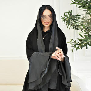 2024 lujo árabe negro volante manga Abaya batas Chic Femme elegante brillante manga de seda bata de poliéster para musulmán Eid - Product Image 4