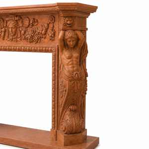 Cheminée traditionnelle en marbre avec sculptures ornées, en pierre rouge coucher de soleil, foyer intérieur à bois pour salle à manger - Product Image 5