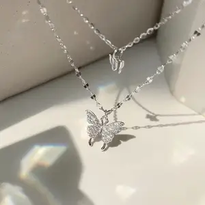 Fashion Slub Chain Necklace Women Simple Personality Alloy Necklace Diamond Encrusted Double layer Butterfly Necklace