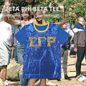 Camiseta de Algodón y Fibra de Bambú con Lentejuelas Bordadas de la Hermandad Zeta Phi Beta, Letras Griegas Bordadas, Color Negro Brillante, Estilo Casual Griego - Product Image 2