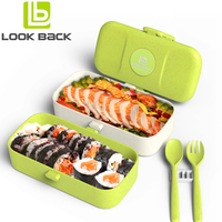 Boîte à lunch bento japonaise de 1 L, double couche, sans BPA, en paille de blé, compatible micro-ondes, avec couverts, étanche, type tiffin