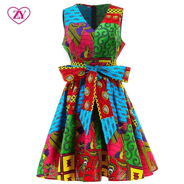 New African Dresses Women Dashiki Loose African Dress Patterns With V Neck Sleeveless Midi Dress