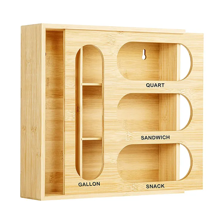 Wood bamboo box ziplock bag storage organizer box silicone acacia desk drawer and wrap dispenser for kitchen