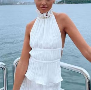 Dropshipping Custom Urban Wear Summer White <strong>Tops</strong> Women Business Casual Ruffle Halter <strong>Plisse</strong> Sleeveless Pleated Tank <strong>Tops</strong> - Product Image 1