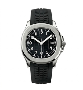 Montre mécanique, boîtier en acier argenté, bracelet en caoutchouc noir, montre-bracelet analogique, affichage de la date - Product Image 1