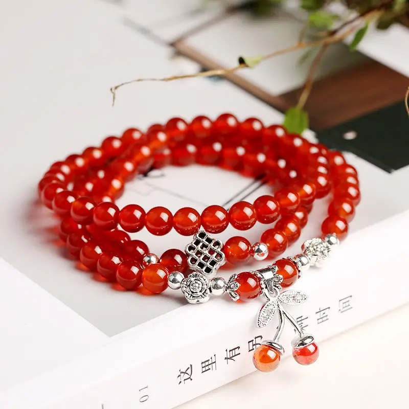 Women's Carnelian Stone Bead Multi-layer Bracelet Boho Multi Layer Stretch Bracelets with Cherry Charm Jewelry