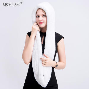 MWFur Fashion Knit Rex Rabbit Fur Hooded Scarf Multicolor Thick Fur <strong>Snood</strong> Hat Rabbit Fur <strong>Snood</strong> Hat for <strong>Women</strong> - Product Image 4
