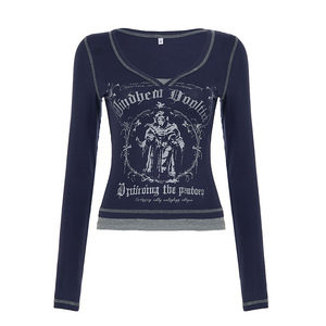 Pull en tricot à manches longues et col en V imprimé rétro pour femme, style décontracté ample, T-shirt Y2K, mode streetwear - Product Image 6