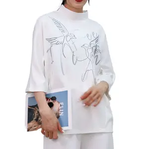 매력적인 여성 티셔츠 사용자 정의 인쇄 티셔츠 인터록 니트 원단 여성 배트윙 슬리브 블라우스