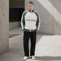 Herren Strickjacke mit Reißverschluss und Eigenem Logo Vintage Streetwear Farbblock Stehkragen Cardigan für Männer