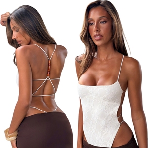 บอดี้สูทลูกไม้ประดับลูกปัดแบบเซ็กซี่ เปิดไหล่ ไร้แขน ทรงเข้ารูป สีพื้น สำหรับผู้หญิง เหมาะสำหรับฤดูร้อน - Product Image 1