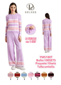 Dolado Set Loungewear da Donna in Maglia a Righe, Maniche Lunghe, Girocollo, Morbido, Casual, Completo da Notte Lungo, 2 Pezzi, Primavera - Product Image 3