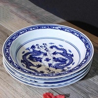 Assiette ronde pour steak, support à gâteau aux fruits, assiettes à dîner en porcelaine bleue et blanche vintage chinoise, assiette à nourriture en céramique de Jingdezhen