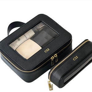 Ensemble d'organisateurs zippés en cuir Saffiano PU et TPU transparent de qualité supérieure, avec nom personnalisé, coffret cadeau, trousse de toilette - Product Image 1