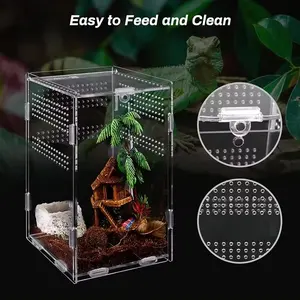 Caixa de criação de alimentação para répteis em acrílico transparente personalizado com tampa